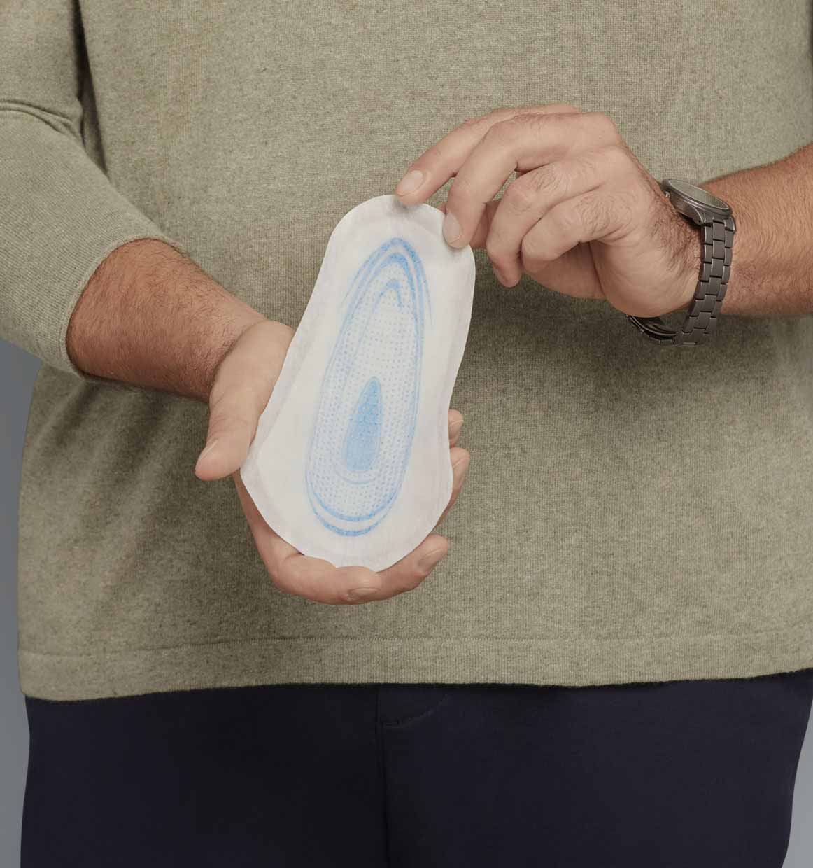 Depend® Incontinence Shields for Men Feature: Strong adhesives to keep in place and move with you